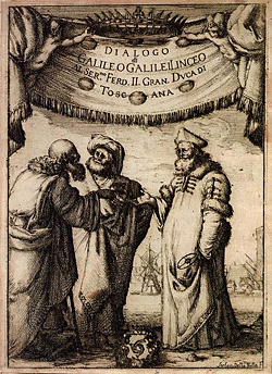 Titelblatt von Galileis Dialog ber die zwei Weltsysteme: Es diskutieren Aristoteles, Ptolemus und Kopernikus miteinander. Quelle: Wikimedia Commons / Original uploader was APPER at de.wikipedia