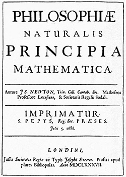 Isaac Newton: Principia Mathematica, 
                        1. Auflage 1687 (Deckblatt); Quelle: Wikimedia Commons