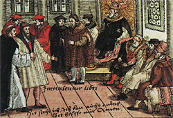 Luther auf dem Reichstag zu Worms. Kolorierter Holzschnitt von 1557.
Bildaufschrift: Intitulentur libri (Die Bcher sollen bei ihren Titeln genannt werden). Hier stehe ich, ich kann nicht anders. Gott helfe mir, Amen. de.wikipedia / Quelle: ?, Urheber: ?